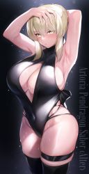 Rule 34 | 1girl, alternate breast size, alternate costume, arms behind head, arms up, artoria pendragon (all), artoria pendragon (fate), black background, black one-piece swimsuit, breasts, cleavage, cropped legs, english text, fate/grand order, fate (series), highres, hirasawa seiji, large breasts, one-piece swimsuit, platinum blonde hair, saber alter, spotlight, sweat, sweatdrop, swimsuit, thighhighs, thighs, yellow eyes