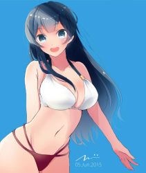 Rule 34 | 10s, 1girl, :d, agano (kancolle), bikini, black hair, blue background, blue eyes, breasts, cleavage, collarbone, cowboy shot, dated, groin, kantai collection, long hair, looking at viewer, navel, open mouth, simple background, smile, solo, swimsuit, tebi (tbd11)