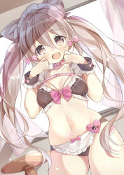 Rule 34 | 1girl, :d, animal ear fluff, animal ears, apron, black bra, black panties, blush, bow, bra, breasts, brown eyes, brown hair, collar, collarbone, commentary request, curtains, day, detached sleeves, fang, frilled apron, frilled bra, frills, gau (n00 shi), hands up, heart, highres, indoors, long hair, looking at viewer, maid headdress, medium breasts, navel, open mouth, original, panties, pink bow, pink collar, short sleeves, smile, solo, sunlight, table, twintails, underwear, very long hair, waist apron, white apron, white sleeves, window, wrist cuffs