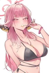 Rule 34 | 1girl, arm behind back, aru (blue archive), bikini, black bikini, blue archive, blush, breasts, candy, cleavage, collarbone, food, halo, highres, holding, holding candy, holding food, holding lollipop, horns, large breasts, lollipop, long hair, looking at viewer, navel, parted lips, pink hair, pink nails, simple background, solo, stomach, swimsuit, upper body, very long hair, whistle, whistle around neck, white background, yellow eyes, yzr (yzr99)