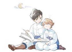 Rule 34 | 3boys, black hair, blonde hair, blue eyes, book, boots, brothers, brown footwear, child, clive rosfield, closed eyes, crescent moon, dog, final fantasy, final fantasy xvi, full body, hair between eyes, holding, holding book, joshua rosfield, kneeling, long sleeves, looking at another, male focus, moon, multiple boys, nuoi407, open book, pajamas, parted lips, puffy sleeves, puppy, reading, shirt, short hair, siblings, sitting, sleeping, smile, torgal (ff16), two-tone fur, white background, white shirt