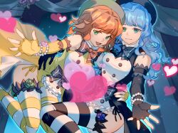 2others :3 :d beret black_gloves blue_hair blue_hat blunt_bangs bracelet commentary_request elbow_gloves fingerless_gloves furfur gloves green_eyes green_hat hat heart highres jewelry long_hair looking_at_viewer medium_hair multiple_others open_mouth other_focus pearl_bracelet smile striped_clothes striped_thighhighs thighhighs umineko_no_naku_koro_ni xunjn1 yellow_gloves zepar