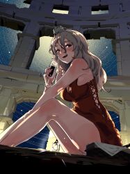 Rule 34 | 1girl, absurdres, alcohol, alternate costume, arena, basket, blush, bottle, breasts, brown eyes, colosseum, commentary, cup, dress, drink, drinking glass, drunk, feet out of frame, from below, full moon, grey hair, hat, highres, igarashi mangou, italy, kantai collection, lantern, legs, lights, lips, long hair, looking at viewer, looking down, medium breasts, mini hat, moon, night, open mouth, pola (kancolle), red dress, rome (city), ruins, sitting, sky, smile, star (sky), starry sky, teeth, upper teeth only, wavy hair, wine, wine bottle, wine glass