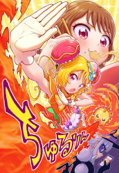 Rule 34 | 3girls, :o, absurdres, apron, black gloves, black headwear, blonde hair, bow, brooch, brown hair, bun cover, cellphone, cure yum-yum, delicious party precure, double bun, drill hair, dual persona, eating, fighting stance, fire, food, gentlu (precure), gloves, hair bun, hanamichi ran, hat, heart, heart brooch, highres, itou shin&#039;ichi, jewelry, looking at viewer, magical girl, mask, mem-mem (precure), mini hat, multiple girls, noodles, phone, precure, red eyes, serious, short hair, smartphone, top hat, twin drills, white gloves, white hair, yellow bow
