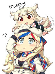 Rule 34 | 10s, 2girls, :&gt;, ?, animal ears, beret, blonde hair, blue hair, breasts, buttons, chibi, cleavage, commandant teste (kancolle), dog ears, dog tail, double-breasted, green eyes, hase yu, hat, kantai collection, long hair, looking up, multicolored clothes, multicolored hair, multicolored scarf, multiple girls, no nose, on head, person on head, plaid, plaid scarf, red eyes, red hair, scarf, school uniform, serafuku, streaked hair, tail, tail wagging, tanibe yumi, voice actor connection, white hair, yuudachi (kancolle)