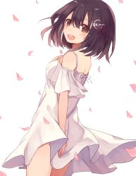 Rule 34 | 10s, 1girl, :d, black hair, brown eyes, covering privates, covering ass, dress, from behind, haguro (kancolle), hair ornament, hand on own chest, highres, kantai collection, looking back, open mouth, petals, short hair, shugao, simple background, smile, solo, sundress