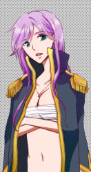 Rule 34 | 1990s (style), 1girl, androgynous, breast bind, breasts, cleavage, coat, faris scherwiz, female focus, final fantasy, final fantasy v, green eyes, hikky-meg, jacket, jacket on shoulders, jewelry, long hair, necklace, open clothes, open coat, open mouth, pirate, purple hair, reverse trap, sarashi, solo