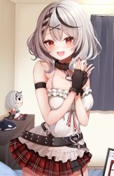 Rule 34 | 1girl, :d, arm strap, bedroom, belt, black belt, black collar, black gloves, black hair, blush, braid, breasts, camisole, collar, commentary request, cowboy shot, curtains, fingerless gloves, gloves, grey hair, hair ornament, hands up, heart pendant, highres, hololive, large breasts, looking at viewer, miniskirt, miyagi ratona, multicolored hair, nail polish, open mouth, own hands together, plaid, plaid skirt, red eyes, red nails, red skirt, sakamata chloe, short hair, skirt, smile, solo, streaked hair, stuffed orca, stuffed toy, virtual youtuber, white camisole, x hair ornament