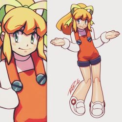 Rule 34 | 1girl, alternate costume, android, bad id, bad tumblr id, blonde hair, blush stickers, capcom, commentary, flat chest, green eyes, hair ribbon, joints, long hair, mega man (classic), mega man (series), overalls, ponytail, ribbon, robaato, robot joints, roll (mega man), shrugging, solo, zoom layer