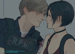 Rule 34 | 1boy, 1girl, ada wong, artist name, bare shoulders, black choker, black hair, blonde hair, blood, blood on clothes, blue shirt, bob cut, breasts, bulletproof vest, choker, cleavage, collared shirt, dress, hetero, imminent kiss, leon s. kennedy, looking at another, medium breasts, parted lips, red dress, resident evil, resident evil 2, resident evil 4, sardine (kjr0313), shirt, short hair, short sleeves, sleeveless, sleeveless dress, smile, torn clothes, torn sleeves, upper body