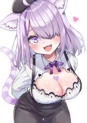 Rule 34 | 1girl, @-you (you 2023 8 16), animal ear fluff, animal ears, beret, black headwear, blush, breasts, cat ears, cat girl, cat tail, cleavage, cleavage cutout, clothing cutout, collared shirt, hair over one eye, hat, heart on chest, highres, hololive, large breasts, long hair, looking at viewer, medium hair, multicolored hair, nekomata okayu, nekomata okayu (wonderland), official alternate costume, purple eyes, purple hair, shirt, streaked hair, striped tail, tail, virtual youtuber, white shirt