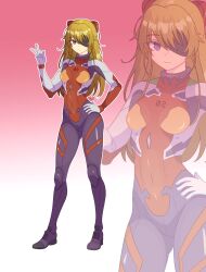 Rule 34 | 1girl, absurdres, artist request, blue eyes, bodysuit, breasts, brown hair, covered navel, evangelion: 3.0 you can (not) redo, expressionless, eyepatch, full body, hair ornament, hand on own hip, highres, interface headset, long hair, looking at viewer, medium breasts, neon genesis evangelion, plugsuit, rebuild of evangelion, shiny clothes, simple background, small breasts, solo, souryuu asuka langley, standing, v, very long hair, zoom layer