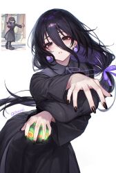 1girl black_dress black_eyes black_hair breasts collared_dress commentary cowboy_shot creatures_(company) dress earrings english_commentary game_freak hair_between_eyes hex_maniac_(pokemon) hex_maniac_(pokemon_legends:_z-a) highres holding holding_poke_ball jewelry large_breasts long_hair long_hair_between_eyes long_sleeves looking_at_viewer low_ponytail master_ball nintendo outstretched_crossed_arms parted_lips poke_ball pokemon pokemon_legends:_z-a ponytail reference_inset simple_background solo tifa_(iluvei) very_long_hair white_background