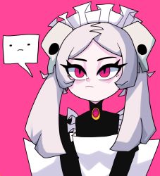 Rule 34 | 1girl, apron, bloody marie (skullgirls), brooch, emoticon, frown, grey hair, hair ornament, highres, jewelry, maid headdress, oss, pink background, red eyes, skull hair ornament, skullgirls, solo, speech bubble, twintails, upper body