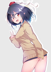 Rule 34 | 1girl, :d, arm at side, black hair, black necktie, black skirt, blush, breasts, cardigan, chipa (arutana), collared shirt, contemporary, cowboy shot, eyebrows, eyelashes, gradient hair, grey background, hair between eyes, hat, highres, long sleeves, looking at viewer, looking back, looking to the side, medium breasts, microskirt, multicolored hair, necktie, open mouth, outline, pleated skirt, pointy ears, pom pom (clothes), red eyes, red hat, shameimaru aya, shiny skin, shirt, short hair, simple background, skirt, sleeves past wrists, smile, solo, tokin hat, touhou, v, white shirt