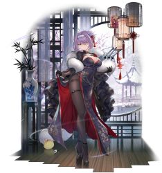 Rule 34 | 1girl, architecture, artist request, azur lane, black footwear, black gloves, black pantyhose, blurry, blurry background, blush, breasts, cannon, chain, china dress, chinese clothes, cleavage, closed mouth, clothes lift, crossed legs, dress, dress lift, east asian architecture, expressionless, feather boa, flower, folded ponytail, full body, gloucester (azur lane), gloucester (brilliance in purple) (azur lane), gloves, hair flower, hair intakes, hair ornament, hairband, high heels, highres, holding, inayama, indoors, lantern, large breasts, light particles, long sleeves, looking at viewer, manjuu (azur lane), official alternate costume, official art, pantyhose, purple dress, purple hair, rigging, short hair, shrug (clothing), side slit, sidelocks, skindentation, snowing, solo, standing, thigh strap, thighband pantyhose, transparent background, turret, vase, watson cross, yellow eyes