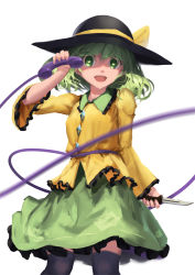 Rule 34 | 1girl, black thighhighs, blurry, green eyes, green hair, hat, hat ribbon, heart, heart-shaped pupils, knife, komeiji koishi, long sleeves, looking at viewer, matching hair/eyes, newnand, open mouth, phone, ribbon, shaded face, shirt, short hair, simple background, skirt, smile, solo, string, symbol-shaped pupils, thighhighs, touhou, white background, wide sleeves, zettai ryouiki