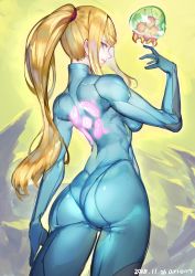 Rule 34 | 1girl, ario, ass, blonde hair, blue bodysuit, blush, bodysuit, gun, high ponytail, impossible bodysuit, impossible clothes, long hair, looking at viewer, metroid, metroid (creature), nintendo, ponytail, samus aran, shiny clothes, simple background, skin tight, solo, weapon, white background, zero suit