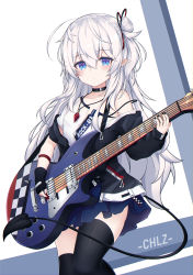 Rule 34 | 1girl, absurdres, ahoge, bare shoulders, black choker, black gloves, black jacket, black thighhighs, blue eyes, blue skirt, bra strap, choker, closed mouth, demon tail, electric guitar, expressionless, fingerless gloves, gloves, guitar, hair bun, highres, holding, instrument, jacket, jewelry, linez, long hair, long sleeves, looking at viewer, miniskirt, nail polish, necklace, off shoulder, open clothes, open jacket, original, pleated skirt, plectrum, pointy ears, shirt, side bun, sidelocks, single glove, single hair bun, single side bun, skirt, solo, strap slip, tail, thighhighs, white hair, white shirt, zettai ryouiki