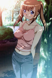 Rule 34 | 1girl, alto, alto (game), arms behind back, blue eyes, blush, breasts, brown hair, bush, dappled sunlight, day, jast, large breasts, long hair, midriff, navel, outdoors, pants, red hair, solo, sunlight, tachibana megumi, tank top, tree, twintails, under tree