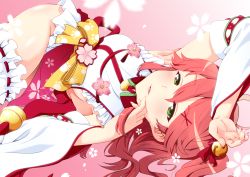 Rule 34 | 1girl, absurdres, armpits, bare shoulders, bell, breasts, cherry blossom print, detached sleeves, floral print, green eyes, hair bell, hair ornament, hair ribbon, half-closed eyes, highres, hololive, looking at viewer, lying, medium breasts, medium hair, nail art, nail polish, nekota susumu, nontraditional miko, obi, parted lips, pink nails, red hair, red ribbon, ribbon, sakura miko, sakura miko (1st costume), sash, sideboob, solo, thighs, twisted torso, virtual youtuber, wide sleeves, x hair ornament