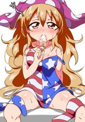 Rule 34 | 1girl, adapted costume, american flag dress, arm support, bare shoulders, blonde hair, blush, breasts, bwell, clownpiece, collarbone, commentary, dress, eating, food, food in mouth, hat, highres, hot, jester cap, long hair, looking at viewer, medium breasts, off shoulder, open mouth, pantyhose, unworn pantyhose, pink eyes, polka dot, popsicle, print pantyhose, sexually suggestive, short dress, sitting, sleeveless, sleeveless dress, solo, spread legs, star (symbol), strap slip, sweat, touhou, very long hair, white background