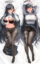 Rule 34 | 1girl, :o, black bra, black hair, black pantyhose, black skirt, blue archive, blush, bra, breasts, cleavage, commentary request, dakimakura (medium), full body, halo, highres, kawai (purplrpouni), large breasts, long hair, long sleeves, lying, multiple views, navel, on back, open mouth, pantyhose, parted lips, red eyes, rio (blue archive), skirt, stomach, sweater, thigh strap, thighs, turtleneck, turtleneck sweater, underwear, unworn skirt, white sweater