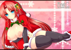 Rule 34 | 1girl, black thighhighs, blue eyes, breasts, breasts out, female focus, hong meiling, huge breasts, long hair, nipples, no bra, red hair, santa costume, solo, split mouth, syroh, thighhighs, touhou
