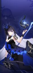 Rule 34 | bare shoulders, black bracelet, black dress, black footwear, black hair, black headwear, blue background, blue theme, character name, chinese commentary, closed mouth, colored inner hair, dress, flora (honkai impact), hair between eyes, highres, holding, holding scythe, honkai (series), honkai impact 3rd, long hair, multicolored hair, official alternate costume, official art, official wallpaper, open hand, orb, scythe, seele vollerei, seele vollerei (herrscher of rebirth), smile, very long hair, weapon
