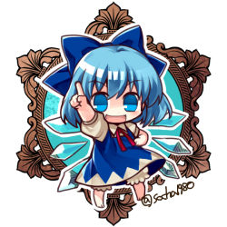Rule 34 | 1girl, barefoot, bloomers, blue bow, blue dress, blue eyes, blue hair, bow, chibi, cirno, dress, eyebrows, full body, hair between eyes, hair bow, hand on own hip, ice, ice wings, index finger raised, matching hair/eyes, neck ribbon, open mouth, pointing, pointing up, puffy short sleeves, puffy sleeves, red ribbon, ribbon, short hair, short sleeves, simple background, smile, socha, solo, touhou, twitter username, underwear, white background, wings
