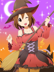 Rule 34 | 1girl, alternate costume, broom, broom guitar, brown eyes, brown hair, collarbone, crescent moon, halloween, hat, hirasawa yui, k-on!, kakiuchi itsuki, moon, musical note, official style, one eye closed, open mouth, round teeth, solo, teeth, unconventional guitar, wink, witch hat