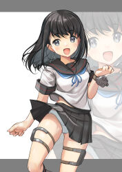 Rule 34 | 1girl, absurdres, anchor symbol, black hair, black sailor collar, black skirt, blue neckerchief, clothes lift, commentary request, feet out of frame, fubuki (kancolle), fubuki kai ni (kancolle), grey eyes, hair down, highres, kantai collection, long hair, neckerchief, official alternate costume, panties, sailor collar, sailor shirt, shirt, sidelocks, skirt, skirt lift, smile, solo, thigh strap, underwear, white panties, white shirt, wind, wind lift, yashin (yasinz), zoom layer
