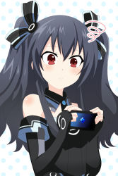Rule 34 | bare shoulders, black hair, breasts, collar, dress, gloves, hair ornament, hairclip, handheld, highres, long hair, mirroa1015, neptune (series), red eyes, small breasts, surprised, tsundere, twintails, two side up, uni (neptunia)