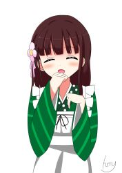Rule 34 | 1girl, ^ ^, ama usa an uniform, apron, bad id, bad pixiv id, blunt bangs, blush, brown hair, closed eyes, commentary request, cowboy shot, facing viewer, flat chest, flower, gochuumon wa usagi desu ka?, green kimono, hair flower, hair ornament, hand to own mouth, hareruya, highres, japanese clothes, kimono, long hair, long sleeves, maid apron, open mouth, pink flower, pink ribbon, polka dot trim, ribbon, signature, simple background, smile, solo, standing, striped clothes, striped kimono, ujimatsu chiya, white apron, white background, wide sleeves