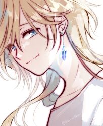 Rule 34 | 1boy, blonde hair, blue eyes, blue gemstone, close-up, closed mouth, collarbone, crew neck, dangle earrings, earrings, fai d. flowright, gem, hair between eyes, highres, jewelry, kurabayashi, long hair, looking at viewer, male focus, portrait, refraction, shirt, sideways glance, simple background, smile, solo, tsubasa chronicle, white background, white shirt