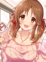 Rule 34 | 1girl, :d, arms up, blush, bra, bra strap, breasts, brown hair, ceiling, cleavage, coffee, coffee cup, collarbone, cup, disposable cup, dot nose, hair ribbon, heart, heart necklace, holding, holding cup, idolmaster, idolmaster cinderella girls, indoors, jewelry, large breasts, looking at viewer, low twintails, medium hair, necklace, off shoulder, omuretsu, open mouth, pendant, pink sweater, red ribbon, ribbed sweater, ribbon, sidelocks, signature, smile, solo, strap slip, sweater, tareme, totoki airi, twintails, underwear, upper body, whipped cream, window, yellow bra, yellow eyes