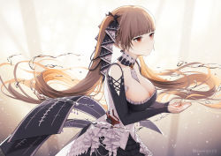 Rule 34 | 1girl, absurdres, azur lane, bow, bowtie, breasts, brown hair, cupping hands, dress, eyes visible through hair, formidable (azur lane), from side, hair ribbon, highres, hydrokinesis, large breasts, long hair, looking to the side, orange eyes, own hands together, reaching, reaching towards viewer, ribbon, shi niao, solo, twintails, water, white background
