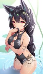 Rule 34 | 1girl, bare shoulders, black hair, braid, breast hold, breasts, cleavage, covering own mouth, erune, granblue fantasy, highres, long hair, looking at viewer, medium breasts, nier (granblue fantasy), nyama (12060517), one-piece swimsuit, partially submerged, red eyes, single braid, solo, swimsuit, white background