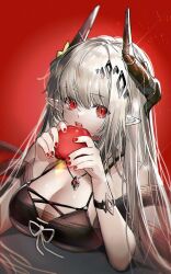 Rule 34 | 1girl, apple, arknights, bare shoulders, biting, black dress, breast rest, breasts, chinese commentary, cleavage, commentary, demon girl, demon horns, dress, fingernails, food, fruit, grey hair, hair between eyes, highres, holding, holding food, holding fruit, horns, jewelry, large breasts, lipstick, long hair, looking at viewer, makeup, mudrock (arknights), mudrock (obsidian) (arknights), nail polish, necklace, official alternate costume, open mouth, pienahenggou, pointy ears, red eyes, red nails, ribbon, slit pupils, solo, spaghetti strap, sparkle, teeth, tongue, upper body, upper teeth only, white ribbon
