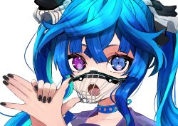Rule 34 | 1girl, @ @, absurdres, animal ears, black nails, blue eyes, blue hair, crossed bangs, hands up, heterochromia, highres, horse ears, horse girl, long hair, looking at viewer, muzzle, nail polish, open mouth, portrait, puckered lips, purple eyes, shadow puppet, sharp teeth, simple background, solo, teeth, toa510, twin turbo (umamusume), twintails, umamusume, white background