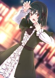 Rule 34 | 1girl, ajapar, ascot, black ascot, black hair, black ribbon, blurry, blurry background, blush, claw pose, commentary request, dress, dutch angle, fang, finger in own mouth, frilled sleeves, frills, green jacket, hair between eyes, hair ribbon, hand up, highres, jacket, koufukuron (love live!), long sleeves, looking at viewer, love live!, love live! nijigasaki high school idol club, mifune shioriko, open mouth, red eyes, ribbon, short hair, skin fang, solo, standing, upper body, white dress