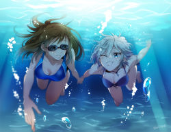 Rule 34 | 10s, 2girls, :t, air bubble, anastasia (idolmaster), barefoot, bikini, blue eyes, breasts, breath, brown eyes, brown hair, bubble, competition swimsuit, diving, freediving, gen (enji), goggles, holding breath, holding hands, idolmaster, idolmaster cinderella girls, idolmaster cinderella girls starlight stage, long hair, multiple girls, nitta minami, one-piece swimsuit, puffy cheeks, short hair, silver hair, smile, swimming, swimsuit, underwater