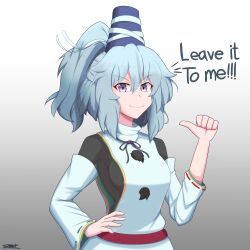 Rule 34 | 1girl, absurdres, blue hat, closed mouth, commentary, commentary request, english commentary, english text, gradient background, grey background, grey eyes, grey hair, hat, highres, japanese clothes, julian belkan, kariginu, long sleeves, looking at viewer, medium hair, mononobe no futo, pointing, pointing at self, pom pom (clothes), ponytail, ribbon-trimmed sleeves, ribbon trim, signature, smile, solo, tate eboshi, touhou, upper body