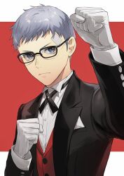 Rule 34 | 1boy, bandaid, bespectacled, black-framed eyewear, black jacket, closed mouth, glasses, gloves, grey eyes, grey hair, isa (peien516), jacket, long sleeves, looking at viewer, male focus, persona, persona 3, red vest, sanada akihiko, shirt, simple background, solo, two-tone background, upper body, vest, white gloves, white shirt