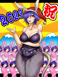Rule 34 | 1girl, 2023, alternate costume, animal costume, animal ears, arm under breasts, black leotard, blush, breasts, chinese zodiac, cleavage, collarbone, commentary request, covered navel, doremy sweet, fake animal ears, feet out of frame, fishnet pantyhose, fishnets, hair over one eye, hat, highres, large breasts, leotard, long bangs, looking at viewer, mole, mole on breast, mountain, nightcap, open mouth, pantyhose, playboy bunny, pom pom (clothes), purple eyes, purple hair, purple lips, rabbit ears, red headwear, ryuuichi (f dragon), seigaiha, short hair, smile, strapless, strapless leotard, sunburst, sunburst background, tail, tapir tail, thick thighs, thighs, touhou, year of the rabbit