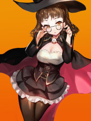 Rule 34 | 10s, 1girl, black pantyhose, blunt bangs, blush, breasts, brown eyes, brown hair, capelet, cleavage, corset, dress, eyewear strap, glasses, hat, highres, juexing (moemoe3345), kantai collection, open mouth, pantyhose, pince-nez, roma (kancolle), short hair, skirt, solo, wavy hair, witch hat