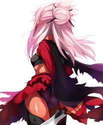 Rule 34 | 1girl, ass, black panties, breasts, cape, chloe von einzbern, cowboy shot, dark-skinned female, dark skin, fate/kaleid liner prisma illya, fate (series), from behind, hair ornament, hair stick, half updo, highres, holding, holding sword, holding weapon, long hair, panties, pink hair, shimejinameko, shiny skin, simple background, skirt, small breasts, solo, standing, sword, thighhighs, torn cape, torn clothes, torn skirt, underwear, weapon, white background