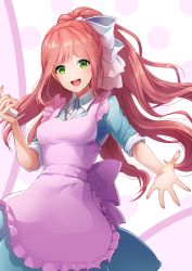 Rule 34 | 1girl, :d, absurdres, apron, blue dress, bow, breasts, brown hair, commentary request, danganronpa (series), danganronpa 3 (anime), doki doki literature club, dress, green eyes, hair bow, hair ribbon, high ponytail, highres, holding, large breasts, long hair, looking at viewer, maid apron, medium breasts, open mouth, polka dot, polka dot background, ponytail, ribbon, smile, solo, teeth, upper teeth only, white apron, white background, white bow, white ribbon, youko-shima, yukizome chisa