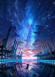 Rule 34 | 1girl, 2others, ahoge, bare legs, black hair, bob cut, commentary, facing away, galaxy, guitar case, highres, horizon, instrument case, milky way, multiple others, night, night sky, original, perspective, reflection, reflective water, scenery, short hair, signature, silhouette, sky, sparkle, standing, star (sky), starry sky, vinci v7, water, waving, wide shot