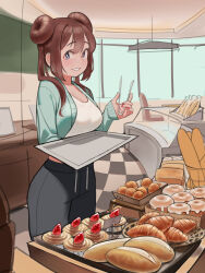 Rule 34 | 1girl, absurdres, alternate costume, baguette, bakery, black pants, blue eyes, bread, breasts, brown hair, cardigan, cleavage, collarbone, commentary request, creatures (company), croissant, double bun, doughnut, doughnut hair bun, feet out of frame, food, fruit, game freak, green cardigan, hair bun, hand up, highres, holding, holding tongs, holding tray, indoors, korean commentary, large breasts, loaf of bread, long hair, long sleeves, looking at viewer, matdoljangin, nail polish, nintendo, pants, pastry, pink nails, pokemon, pokemon bw2, rosa (pokemon), shadow, shirt, shop, sidelocks, solo, standing, strawberry, thighs, tile floor, tiles, tongs, tray, twintails, unfinished, white shirt